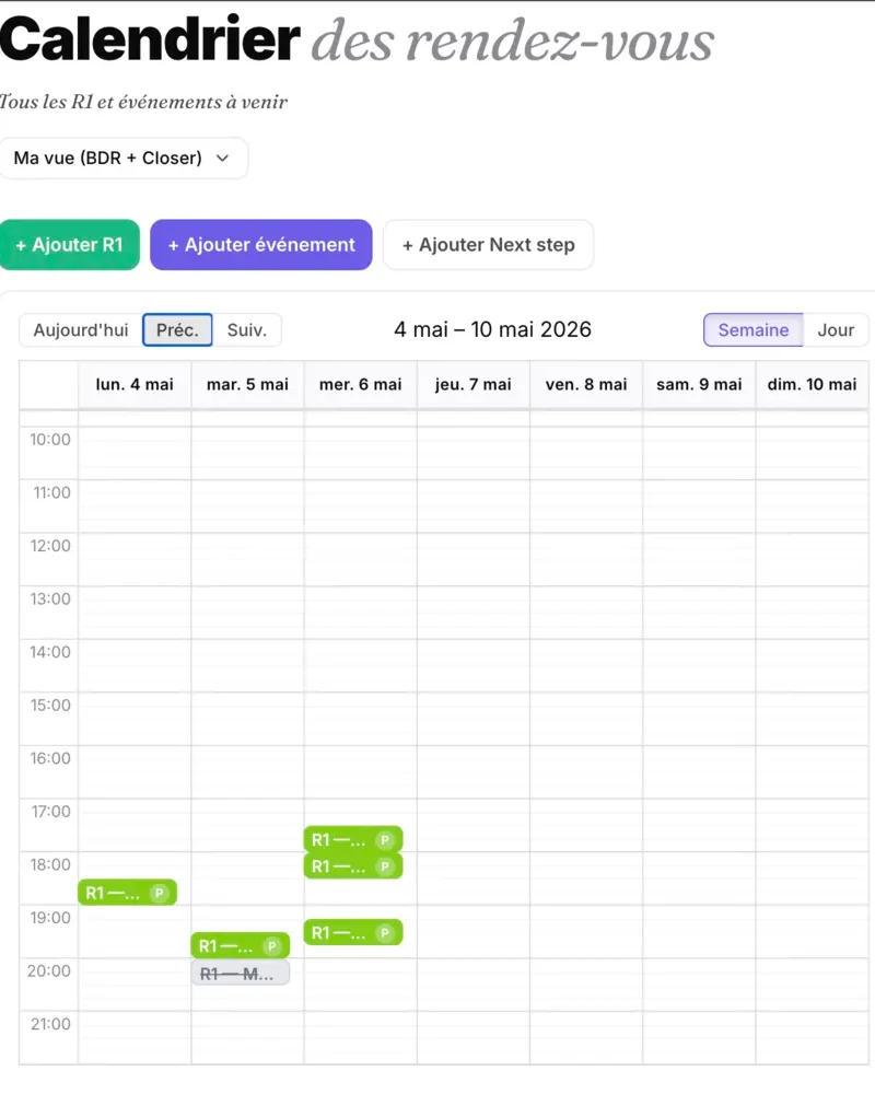 Calendrier des rendez-vous de l'app Blyx, vue semaine.
