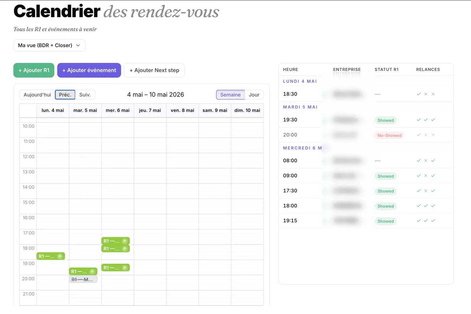 Calendrier des rendez-vous de l'app Blyx, vue semaine.