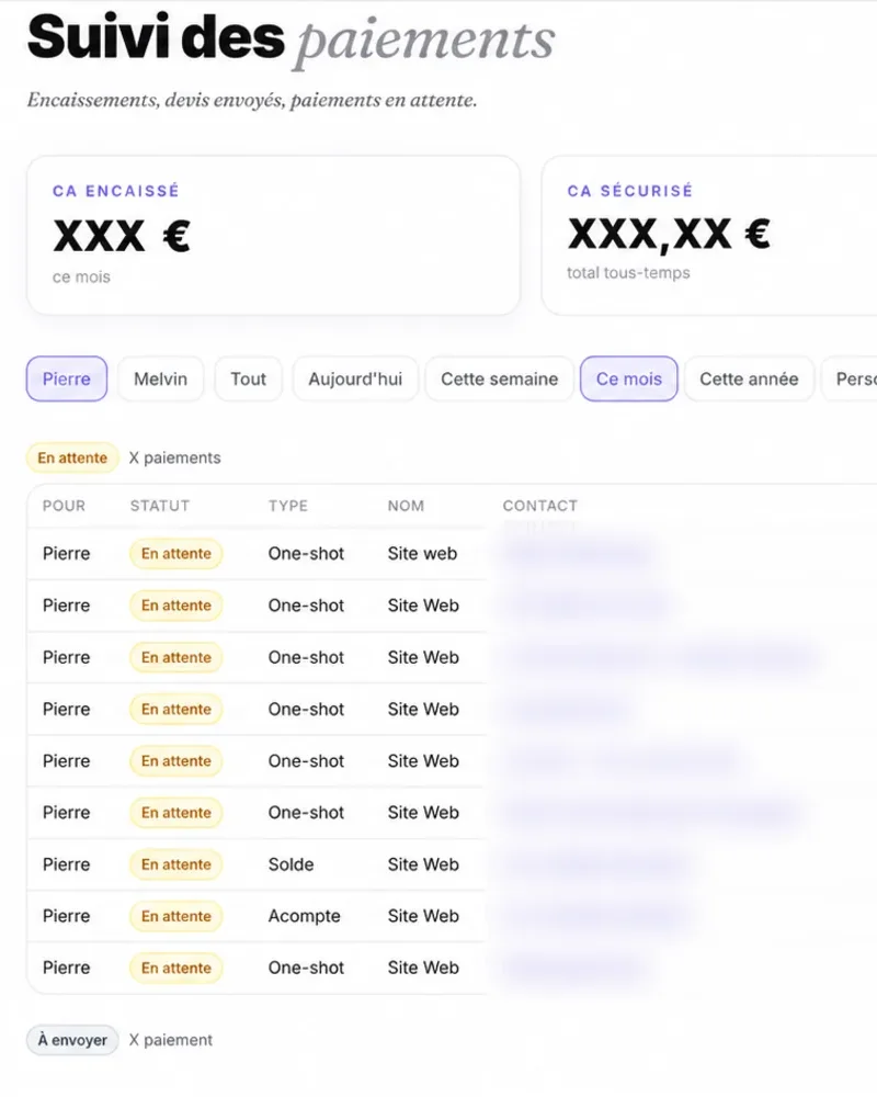 Suivi des paiements dans l'app Blyx : encaissé, sécurisé, en attente.