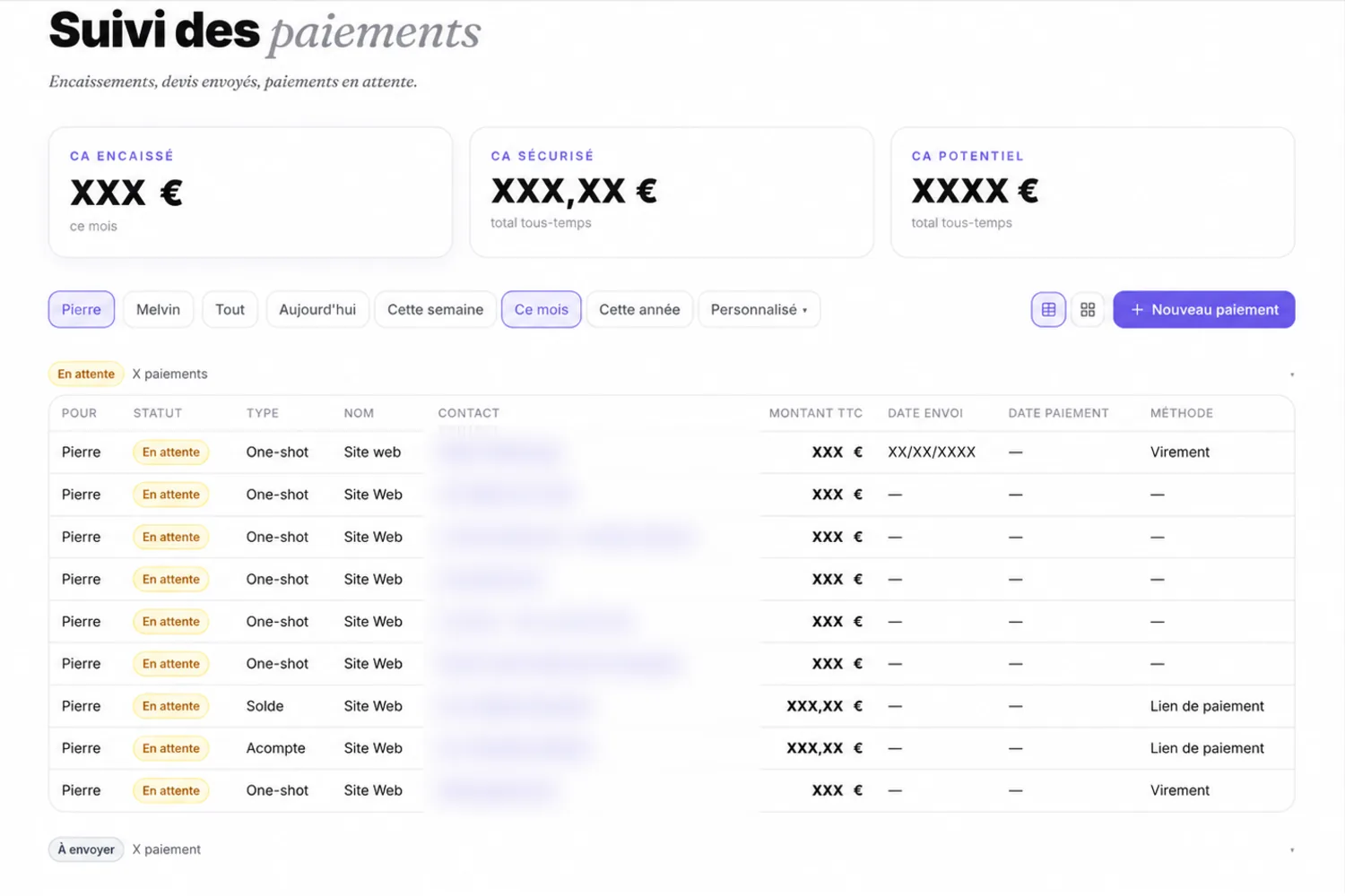 Suivi des paiements dans l'app Blyx : encaissé, sécurisé, en attente.