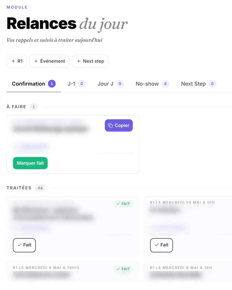 Module Relances de l'app Blyx : rappels et suivis du jour à traiter.