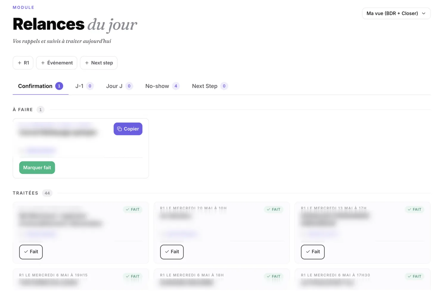 Module Relances de l'app Blyx : rappels et suivis du jour à traiter.
