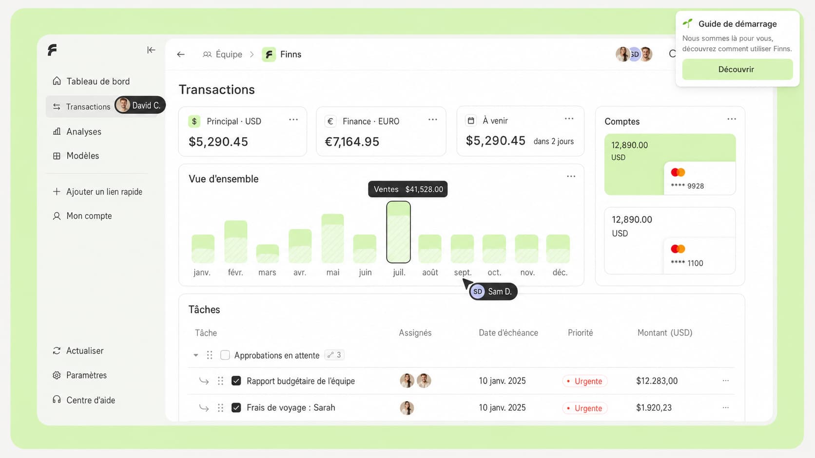 Tableau de bord CRM avec transactions, vue d'ensemble et tâches
